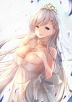  1girl absurdres azur_lane bangs bare_shoulders belfast_(azur_lane) blue_eyes braid breasts bridal_veil bride chains cleavage collar collarbone commentary_request crying crying_with_eyes_open dress earrings eyebrows_visible_through_hair finger_to_cheek french_braid hand_on_own_chest highres jewelry large_breasts long_hair moni_chon open_mouth ring silver_hair strapless strapless_dress tears tiara veil wedding_dress wedding_ring white_dress 