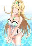  1girl blonde_hair blush breasts choker cleavage closed_mouth collarbone earrings eyebrows_visible_through_hair highres mythra_(xenoblade) jewelry leg_garter long_hair looking_at_viewer medium_breasts nintendo ojun one-piece_swimsuit partially_submerged smile solo standing striped swimsuit tiara vertical-striped_swimsuit vertical_stripes water white_choker white_swimsuit xenoblade_(series) xenoblade_2 yellow_eyes 