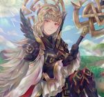  1girl armor black_armor black_gloves blue_sky closed_mouth clouds crown day fire_emblem fire_emblem_heroes gloves grass grey_hair hair_ornament highres hikashi10_nsk holding holding_staff long_hair long_sleeves nintendo outdoors red_eyes shoulder_armor sitting sky solo staff veronica_(fire_emblem) 