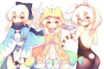 1girl :d alternate_costume animal_ears animal_hood ayanami_(azur_lane) azur_lane bangs bare_shoulders bespectacled black_bow black_scarf blonde_hair blush bow brown_eyes brown_legwear brown_leotard bunny_girl bunny_tail bunnysuit casual_one-piece_swimsuit cocktail_glass commentary_request cosplay covered_mouth covered_navel cup drink drinking_glass eyebrows_visible_through_hair fang fate/grand_order fate_(series) fingernails fishnet_pantyhose fishnets flying_sweatdrops glasses hair_between_eyes hair_bow hair_ornament hairclip haori holding holding_sword holding_tray holding_weapon hood jacket japanese_clothes katana koha-ace leotard long_hair long_sleeves looking_at_viewer multiple_views okita_souji_(fate) okita_souji_(fate)_(all) okita_souji_(fate)_(cosplay) one-piece_swimsuit open_clothes open_jacket open_mouth open_shirt pantyhose ponytail rabbit_ears red-framed_eyewear sakurato_ototo_shizuku scarf sheath shirt simple_background sleeves_past_wrists smile strapless strapless_leotard striped striped_legwear striped_tail swimsuit sword tail thigh-highs tiara tiger_ears tiger_hood tiger_tail tray unsheathed weapon white_background white_shirt white_swimsuit wide_sleeves yellow_jacket 