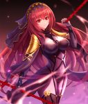  1girl bodysuit breasts covered_navel dual_wielding fate/grand_order fate_(series) gae_bolg holding holding_weapon large_breasts long_hair looking_at_viewer pauldrons polearm purple_bodysuit purple_hair red_eyes rothy scathach_(fate)_(all) scathach_(fate/grand_order) shoulder_armor smile solo spear veil weapon 