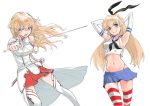  1girl amatsukaze_(kantai_collection) amatsukaze_(kantai_collection)_(cosplay) armpits arms_up asuna_(sao) asuna_(sao)_(cosplay) black_neckwear black_panties black_ribbon blonde_hair blue_skirt cape cosplay crop_top detached_sleeves elbow_gloves eyebrows_visible_through_hair floating_hair gloves green_eyes hair_ribbon highleg highleg_panties highres holding holding_sheath holding_sword holding_weapon kantai_collection long_hair looking_at_viewer microskirt midriff miniskirt navel panties pleated_skirt red_skirt ribbon sheath simple_background skirt standing stomach striped striped_legwear sword sword_art_online thigh-highs twintails underwear very_long_hair waist_cape weapon white_background white_cape white_gloves white_legwear 