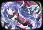  2girls aqua_ribbon black_gloves black_skirt blue_eyes blue_hair crying crying_with_eyes_open detached_sleeves elbow_gloves eyebrows_visible_through_hair floating_hair ghost_rule_(vocaloid) gloves grey_shirt hair_between_eyes hair_ornament hatsune_miku headphones highres long_hair looking_at_viewer miniskirt multiple_girls neck_ribbon open_mouth pleated_skirt ribbon shiny shiny_hair shirt skirt sleeveless sleeveless_shirt tears twintails very_long_hair vocaloid 