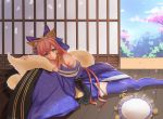  1girl animal_ears bangs bare_shoulders blue_bow blue_kimono blue_legwear blue_sky bow breasts brown_eyes closed_mouth clouds collarbone commentary_request day eyebrows_visible_through_hair fate/extra fate_(series) floral_print flower fox_ears fox_girl fox_tail hair_between_eyes hair_bow headpiece highres indoors japanese_clothes kimono long_hair long_sleeves medium_breasts petals pink_flower pink_hair print_kimono sky smile solo tail tamamo_(fate)_(all) tamamo_no_mae_(fate) thigh-highs tree user_awm7451 very_long_hair wide_sleeves 