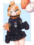  1girl abigail_williams_(fate/grand_order) alternate_hairstyle artist_request balloon bandaid_on_forehead bangs belt black_bow black_jacket blonde_hair blue_background blue_eyes blush border bow fate/grand_order fate_(series) forehead hair_bow hair_bun heroic_spirit_traveling_outfit high_collar highres holding holding_stuffed_animal jacket long_hair looking_at_viewer open_mouth orange_bow parted_bangs polka_dot polka_dot_bow simple_background sleeves_past_fingers sleeves_past_wrists solo stuffed_animal stuffed_toy teddy_bear thighs white_border 