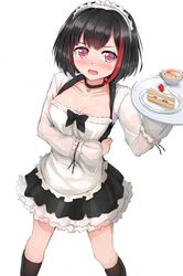  1girl apron bang_dream! bangs bell bell_choker black_choker black_hair black_legwear black_neckwear blush bob_cut bow bowtie breasts choker cleavage collarbone cup embarrassed food highres holding holding_tray kneehighs long_sleeves maid maid_headdress medium_breasts mitake_ran multicolored_hair naitou_kirara plate redhead short_hair simple_background solo strawberry_shortcake streaked_hair teacup tray white_apron white_background 