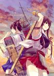  2girls akagi_(kantai_collection) archery arrow back-to-back bangs blue_skirt bow_(weapon) brown_eyes brown_hair clouds dusk flight_deck gloves hakama_skirt japanese_clothes kaga_(kantai_collection) kantai_collection kyouran_de_onikoushi kyuudou long_hair multiple_girls muneate open_mouth partly_fingerless_gloves pleated_skirt quiver red_skirt rigging side_ponytail single_glove skirt sky straight_hair tasuki thigh-highs thighs weapon white_legwear yugake 