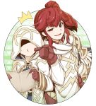  1boy 1girl anna_(fire_emblem) brown_gloves cheek_poking fire_emblem fire_emblem_heroes gloves highres hood hood_up long_sleeves nakabayashi_zun nintendo open_mouth parted_lips poking ponytail red_eyes redhead robe summoner_(fire_emblem_heroes) 