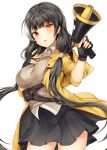  1girl absurdres bangs black_gloves black_hair black_skirt blush cardigan_vest collared_shirt commentary_request cowboy_shot eyebrows_visible_through_hair fingerless_gloves girls_frontline gloves hair_tie heterochromia highres holding_megaphone hood hood_down hooded_jacket jacket long_hair looking_at_viewer megaphone multicolored_hair open_clothes open_jacket open_mouth orange_eyes painteen pleated_skirt red_eyes ro635_(girls_frontline) shirt sidelocks simple_background skirt solo streaked_hair twintails untucked_shirt vest white_background white_hair white_shirt yellow_eyes yellow_jacket 