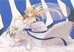  1girl azur_lane bed_sheet blonde_hair blue_eyes blue_ribbon bouquet bridal_veil dress floating_hair flower full_body hair_flower hair_ornament holding holding_bouquet kneeling kongou_(azur_lane) lily_(flower) long_hair looking_at_viewer ribbon short_dress sleeveless sleeveless_dress smile solo thigh-highs veil very_long_hair wedding_dress white_dress white_flower white_legwear 