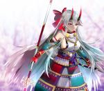  1girl armor bow breasts detached_sleeves fate/grand_order fate_(series) gloves hair_bow highres japanese_armor katana kote kusazuri large_breasts light_smile long_hair looking_at_viewer oni_horns polearm red_eyes sideboob silver_hair solo spear sword tomoe_gozen_(fate/grand_order) tsujieiri very_long_hair weapon 