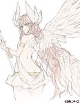  1girl absurdly_long_hair absurdres armlet artist_name ass back bare_back bracelet breasts butt_crack circe_(fate/grand_order) fate/grand_order fate_(series) feathered_wings green_eyes head_wings highres hips jewelry kuronuko_neero long_hair looking_back miniskirt pink_hair pointy_ears serious skirt solo thigh-highs very_long_hair wings 