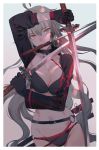  1girl ahoge belt bikini black_bikini black_choker black_gloves black_jacket breasts choker cleavage commentary_request fate/grand_order fate_(series) gloves grey_hair holding holding_sword holding_weapon jacket jeanne_d&#039;arc_(alter_swimsuit_berserker) jeanne_d&#039;arc_(fate)_(all) katana long_hair looking_at_viewer mouth_hold o-ring o-ring_bikini orange_eyes salmon88 solo swimsuit sword very_long_hair weapon 