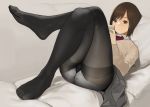  1girl black_legwear brown_eyes brown_hair couch feet highres lace lace-trimmed_panties legs_crossed lying original panties panties_under_pantyhose pantyhose pantyshot pantyshot_(lying) phone school_uniform sweater thighband_pantyhose toes underwear white_panties yomu_(sgt_epper) 