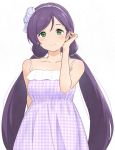  1girl blush collarbone dress earrings eyebrows_visible_through_hair flower green_eyes hair_flower hair_ornament hair_tucking hairband jewelry long_hair looking_at_viewer love_live! love_live!_school_idol_project plaid plaid_dress purple_hair shibasaki_shouji simple_background smile solo spaghetti_strap toujou_nozomi twintails unmoving_pattern upper_body very_long_hair white_background 
