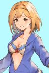  1girl :d bangs bikini bikini_under_clothes blonde_hair blue_background blue_jacket bow breasts brown_eyes cleavage collarbone commentary_request djeeta_(granblue_fantasy) eyebrows_visible_through_hair granblue_fantasy hairband highres hood hood_down hooded_jacket jacket koretsuki_azuma long_sleeves medium_breasts navel open_mouth orange_hairband partially_unzipped red_bow self_shot shiny shiny_hair short_hair simple_background smile solo swimsuit teeth upper_body white_bikini 
