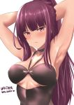  1girl alternate_hairstyle armpits arms_behind_head bangs blush braid breasts character_name closed_mouth collarbone crown_braid eyebrows_visible_through_hair girls_frontline highres large_breasts long_hair looking_at_viewer one-piece_swimsuit ponytail purple_hair red_eyes sam_(metalibon) simple_background solo sweat swimsuit tan tsurime underboob_cutout upper_body very_long_hair wa2000_(girls_frontline) white_background 