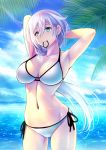  1girl bikini blue_sky breasts cleavage clouds collarbone cowboy_shot day green_eyes highres koko_(koko3) large_breasts long_hair mouth_hold navel original outdoors rubber_band side-tie_bikini silver_hair sky solo standing swimsuit tying_hair white_bikini 