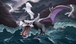  aerodactyl clouds cloudy_sky creatures_(company) flying game_freak gen_1_pokemon highres lightning nintendo no_humans ocean open_mouth overcast pearl7 pokemon pokemon_(creature) red_eyes sky solo spread_wings storm waves 