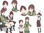  2girls adapted_costume black_legwear brown_eyes brown_hair brown_sailor_collar brown_skirt full_body green_sailor_collar green_serafuku green_skirt hair_ribbon hand_on_hip hands_on_another&#039;s_face highres kantai_collection kneehighs long_hair long_skirt looking_at_viewer mikiki multiple_girls multiple_views neckerchief ooi_(kantai_collection) pleated_skirt ponytail ribbon sailor_collar school_uniform serafuku shikinami_(kantai_collection) short_hair short_ponytail simple_background sitting skirt standing stretch white_background 