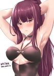  1girl alternate_hairstyle armpits arms_behind_head bangs blush braid breasts character_name closed_mouth collarbone crown_braid eyebrows_visible_through_hair girls_frontline highres large_breasts long_hair looking_at_viewer one-piece_swimsuit ponytail purple_hair red_eyes sam_(metalibon) simple_background solo sweat swimsuit tsurime underboob_cutout upper_body very_long_hair wa2000_(girls_frontline) white_background 