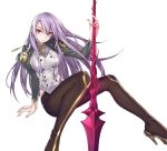  1girl absurdres breasts brown_legwear day high_heels highres holding jacket juliet_sleeves large_breasts long_hair long_sleeves looking_at_viewer maruchi open_clothes open_jacket open_mouth original pants pantyhose polearm puffy_sleeves purple_hair red_eyes simple_background sitting sky spear sword weapon white_background 