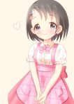  1girl black_eyes blush brown_hair child dress hair_ornament hairclip hands_together highres idolmaster idolmaster_cinderella_girls idolmaster_cinderella_girls_starlight_stage pink_background pink_dress sasaki_chie shisight short_hair short_sleeves smile solo standing 