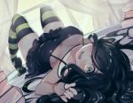  1girl aria_wintermint black_hair blush book breasts cleavage hair_over_one_eye legs long_hair looking_at_viewer medium_breasts parororo solo striped striped_legwear the_crawling_city thigh-highs thighs wavy_mouth window 