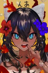  1girl absurdres air_bubble animal_ear_fluff animal_ears bangs bare_shoulders black_hair blue_flower blush bubble cat_ears collarbone dark_skin eyeshadow face fangs fish flower goldfish green_eyes grimace hair_between_eyes hair_flower hair_ornament highres lips long_hair makeup multicolored multicolored_eyes natsume-same off_shoulder orange_background original portrait red_flower saliva shiny shiny_hair solo sparkle teeth translated v-shaped_eyebrows white_background 