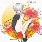  1other androgynous crystal_hair dated flower gem_uniform_(houseki_no_kuni) ghost_quartz_(houseki_no_kuni) grey_eyes grey_eyes hair_over_one_eye houseki_no_kuni looking_at_viewer short_hair_with_long_locks silver_hair sitting solo sparkle spider_lily white_hair 