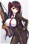  1girl bangs bipod black_legwear black_skirt blazer blush breasts bullpup collared_shirt cowboy_shot eyebrows_visible_through_hair framed_breasts girls_frontline gloves gun hair_ribbon half_updo hand_on_hip high-waist_skirt holding holding_gun holding_weapon jacket large_breasts long_hair looking_at_viewer minamon_(vittel221) necktie one_side_up open_mouth pantyhose pelvic_curtain purple_hair red_eyes red_neckwear ribbon rifle shirt sidelocks simple_background skirt sniper_rifle solo striped striped_shirt taut_clothes trigger_discipline tsundere very_long_hair wa2000_(girls_frontline) walther walther_wa_2000 weapon white_shirt 