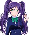  1girl :o alternate_hairstyle blazer blush bow bowtie breasts commentary_request green_eyes green_neckwear hair_ornament hair_scrunchie highres jacket large_breasts long_hair looking_at_viewer love_live! love_live!_school_idol_project otonokizaka_school_uniform purple_hair school_uniform scrunchie solo striped_neckwear toujou_nozomi twintails wewe 
