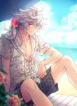  1boy animal_print blurry casual depth_of_field fate/grand_order fate_(series) flower hair_flower hair_ornament hawaiian_shirt hibiscus leopard_print long_hair looking_at_viewer male_focus male_swimwear merlin_(fate) onigiri_(hfyt2533) shirt sitting smile solo summer swim_trunks swimwear umbrella vacation violet_eyes white_hair 