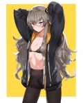  1girl absurdres armband arms_behind_head bangs black_bra black_legwear blush bra breasts cowboy_shot crossed_bangs eyebrows_visible_through_hair girls_frontline grey_hair hair_between_eyes hair_ornament highres hood hood_down hooded_jacket jacket long_hair looking_at_viewer one_side_up open_clothes open_jacket panties panties_under_pantyhose pantyhose scar scar_across_eye skindentation small_breasts ssamjang_(misosan) thighband_pantyhose ump45_(girls_frontline) underwear white_panties yellow_eyes zipper 