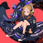  1girl abigail_williams_(fate/grand_order) alternate_hairstyle bandaid_on_forehead bangs belt black_bow black_footwear black_jacket blonde_hair blue_eyes bow cable fate/grand_order fate_(series) forehead hair_bow hair_bun headphones heroic_spirit_traveling_outfit high_collar holding holding_stuffed_animal jacket knees_up legs long_hair looking_at_viewer newo_(shinra-p) orange_bow parted_bangs polka_dot polka_dot_bow red_background shoes simple_background sitting sleeves_past_fingers sleeves_past_wrists sneakers solo speaker stuffed_animal stuffed_toy teddy_bear tentacle thighs 