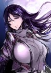  1girl bodysuit breasts commentary_request fate/grand_order fate_(series) floating_hair highres hometa huge_breasts huge_weapon long_hair looking_at_viewer minamoto_no_raikou_(fate/grand_order) parted_lips pink_bodysuit purple_background purple_hair sketch smile solo tabard upper_body violet_eyes weapon 
