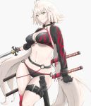 1girl ahoge bikini black_bikini black_choker black_gloves black_jacket breasts choker cleavage collarbone commentary_request cropped_jacket dance-in-the-dark fate/grand_order fate_(series) gloves hair_between_eyes highres holding holding_sword holding_weapon jacket jeanne_d&#039;arc_(alter_swimsuit_berserker) jeanne_d&#039;arc_(fate)_(all) katana large_breasts long_hair o-ring o-ring_bikini o-ring_bottom o-ring_top red_legwear shrug_(clothing) simple_background single_thighhigh solo swimsuit sword thigh-highs thigh_strap waist weapon yellow_eyes 