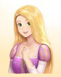  1girl :d blonde_hair collarbone cropped_torso cross-laced_clothes dress gradient gradient_background green_eyes hand_up highres juliet_sleeves long_hair long_sleeves looking_at_viewer natsuyu open_mouth orange_background puffy_sleeves purple_dress rapunzel rapunzel_(disney) shiny shiny_hair smile solo straight_hair tangled upper_body upper_teeth 