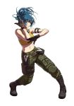  1girl ammunition_pouch armlet bangs bare_shoulders belt black_footwear blue_eyes blue_hair boots camouflage camouflage_pants closed_mouth crop_top cross-laced_footwear dog_tags fighting_stance full_body gloves leona_heidern looking_away midriff navel official_art ogura_eisuke pants ponytail pouch simple_background sleeveless snk snk_heroines:_tag_team_frenzy standing tank_top the_king_of_fighters transparent_background yellow_tank_top 