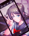  1girl absurdres animal_ears bangs blue_eyes blush bow cat_ears cellphone eyebrows_visible_through_hair grey_hair highres holding holding_phone kamille1013 looking_at_viewer love_live! love_live!_sunshine!! phone red_bow sailor_collar school_uniform self_shot serafuku short_hair smartphone smile solo taking_picture uranohoshi_school_uniform v viewfinder watanabe_you 