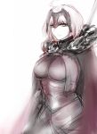  1girl ahoge armor breasts cape closed_mouth eyebrows_visible_through_hair fate/grand_order fate_(series) fur_trim highres hometa jeanne_d&#039;arc_(alter)_(fate) jeanne_d&#039;arc_(fate)_(all) large_breasts looking_at_viewer pale_skin short_hair simple_background sketch smile solo standing white_background yellow_eyes 