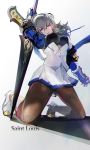  1girl arm_behind_head azur_lane bangs boots breasts commentary_request corset covered_nipples dress from_below gauntlets grey_hair hair_between_eyes hair_ornament highres holding holding_weapon knee_boots kneeling komamitsu large_breasts long_hair looking_at_viewer military military_uniform miniskirt pantyhose parted_lips pink_eyes pleated_skirt polearm saint-louis_(azur_lane) silver_hair skirt solo thighs uniform weapon white_dress white_footwear white_skirt 