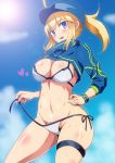  1girl ahoge artoria_pendragon_(all) bangs baseball_cap bikini blonde_hair blue_eyes blue_hat blue_sky blush breasts cleavage fate/grand_order fate_(series) hair_between_eyes hand_on_hip hat hera_(hara0742) highres hips large_breasts long_hair looking_at_viewer mysterious_heroine_xx_(foreigner) navel open_mouth ponytail shrug_(clothing) sky smile solo_focus sun sunlight swimsuit thighs untied_bikini_bottom waist white_bikini wristband 