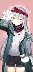  1girl absurdres animal_ears blush cat_ears cat_paws closed_mouth eyebrows_visible_through_hair g11_(girls_frontline) girls_frontline grey_hair highres long_hair looking_at_viewer paws red_background simple_background solo tttanggvl very_long_hair 