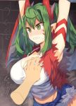  1girl arms_up bangs bare_shoulders blush breast_grab breasts brick_wall camisole clenched_teeth commentary_request cutoffs denim denim_shorts disembodied_limb dragon_girl dragon_horns dragon_wings eyebrows_visible_through_hair facial_mark fur_trim grabbing green_eyes green_hair groin hair_between_eyes horns huge_breasts kasuka_(kusuki) long_hair midriff nose_blush original pointy_ears red_vest scowl short_shorts shorts sidelocks solo_focus spaghetti_strap tears teeth translated two_side_up upper_body v-shaped_eyebrows vest wings 