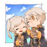  1boy 1girl blush closed_eyes clouds commentary_request eating female_my_unit_(fire_emblem:_kakusei) fire_emblem fire_emblem:_kakusei fire_emblem_heroes food hamburger holding holding_food hood hood_down hooded_jacket jacket male_my_unit_(fire_emblem:_kakusei) my_unit_(fire_emblem:_kakusei) nintendo one_eye_closed open_mouth sandwich shunrai sky twintails white_hair yellow_eyes 