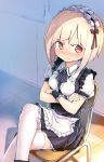  1girl blonde_hair blush chair commentary_request crossed_arms embarrassed frown highres legs_crossed looking_to_the_side magenta_(atyana) maid maid_headdress mutou_to_satou original satou_yutaka short_hair sitting solo thigh-highs white_legwear wristband yellow_eyes zettai_ryouiki 