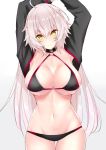  1girl ahoge arms_up bangs bikini black_bikini black_choker black_jacket blush breasts choker cleavage closed_mouth collarbone cropped_jacket fate/grand_order fate_(series) hair_between_eyes highres hips jacket jeanne_d&#039;arc_(alter_swimsuit_berserker) jeanne_d&#039;arc_(fate)_(all) large_breasts long_hair looking_at_viewer navel o-ring o-ring_bikini sankakusui silver_hair simple_background smile solo swimsuit very_long_hair waist white_background yellow_eyes 