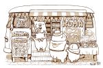  artist_name baguette bear bow bowtie bread chef_hat food greyscale ground_vehicle hat looking_at_another menu_board monochrome motor_vehicle no_humans original st.kuma table van 
