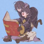  1boy 1girl black_hair blue_background book brown_gloves fire_emblem fire_emblem:_kakusei gloves highres holding holding_book hood hood_down itou_(very_ito) leg_up long_sleeves mark_(female)_(fire_emblem) mark_(fire_emblem) mark_(male)_(fire_emblem) nintendo open_book open_mouth robe short_hair simple_background sitting violet_eyes 